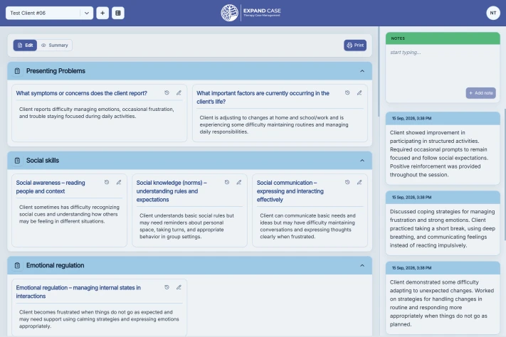ExpandCase therapy case management platform showing therapist dashboard with client questionnaire and session notes